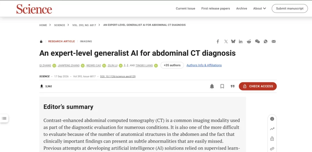 Science journal page for the paper behind Alibaba's GenAI medical imaging model, DAMO RADAR