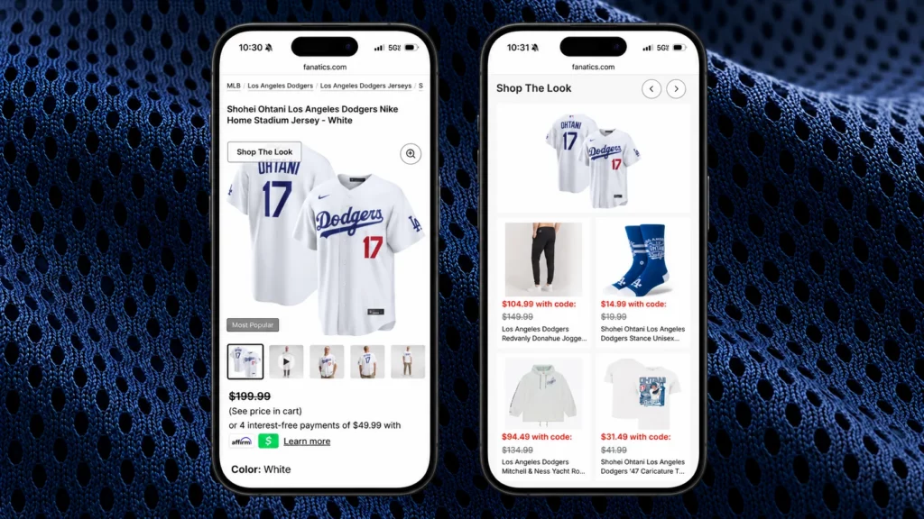 Two phone screens on fanatics.com showing GenAI outfit recommendations beside a Los Angeles Dodgers jersey