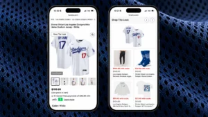 Two phone screens on fanatics.com showing GenAI outfit recommendations beside a Los Angeles Dodgers jersey